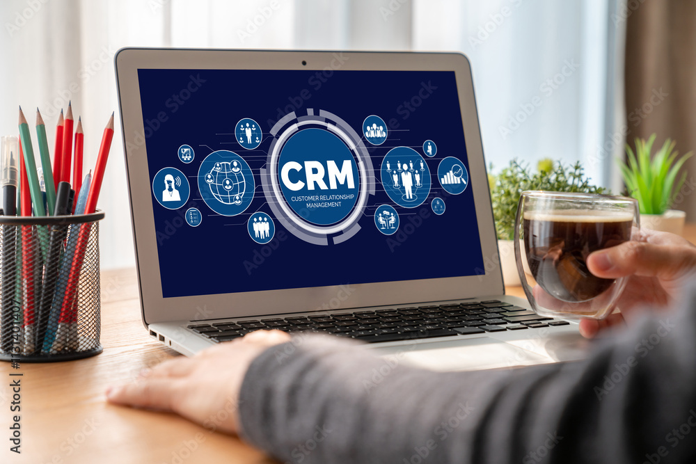 Poster customer relationship management system on modish computer for crm business and enterprise