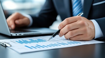 Business professional analyzes data trends while working on a laptop in a modern office setting during daytime