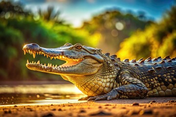Obraz premium American Crocodile, Crocodylus acutus, Wildlife Photography, Reptile, Florida, Coastal Habitat, Saltwater Crocodile, Endangered Species, Reptilian, Predatory Animal, Wild Animal, Nature Photography