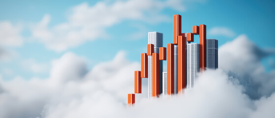 Fototapeta premium floating stock market with orange bars and skyscrapers in clouds