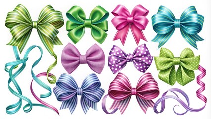 Fototapeta premium Charming vintage clipart featuring bows and curly ribbons in green, blue, pink, and purple stripes, perfect for festive gift wrapping, birthday presents, and invitations.