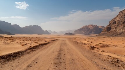 Naklejka premium A vast desert landscape with a dirt road leading through mountains and sandy terrain.