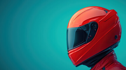 Fototapeta premium striking red racing helmet against vibrant blue background, showcasing sleek design and modern features