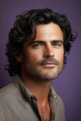 Obraz premium Portrait of a man with curly hair and an intense gaze against a purple background, showcasing features and expression that draw attention and evoke intrigue