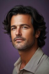 Fototapeta premium Handsome man with flowing dark hair poses with confidence against a purple background in a casual shirt