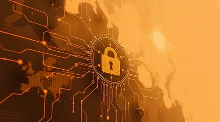 Digital lock icon with futuristic technology circuit and sunset glow