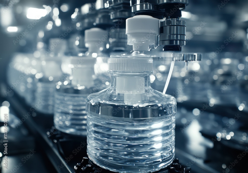 Poster high-tech industrial bottling process with clear water bottles on automated assembly line in modern 