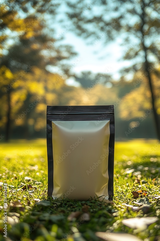 Poster natural setting features a sealed pouch on grass with sunlight filtering through trees in a serene e