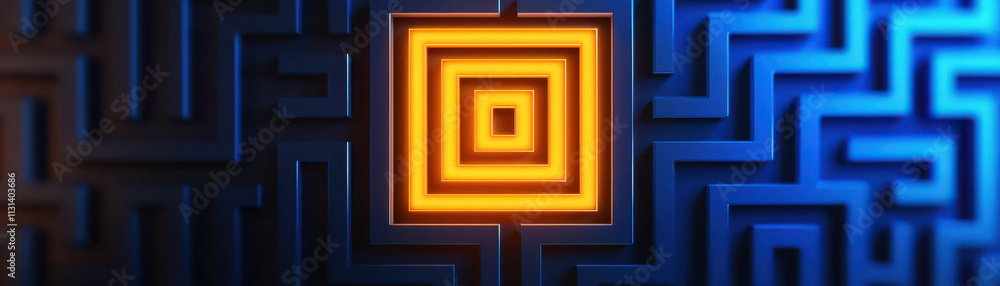 Poster vibrant labyrinth design featuring glowing orange square at center, surrounded by intricate blue pat