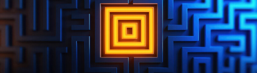 vibrant labyrinth design featuring glowing orange square at center, surrounded by intricate blue patterns, creating captivating visual effect