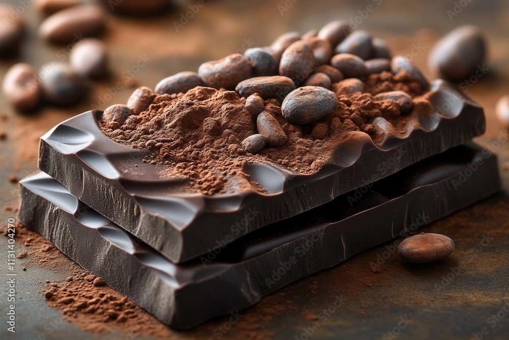 Poster dark chocolate bars surrounded by cocoa beans and cocoa powder on a textured surface, showcasing the