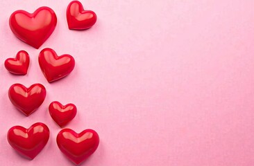 Fototapeta premium Background with red hearts of various sizes on the left edge isolated on a pink background.