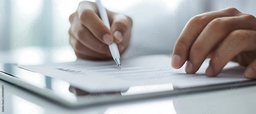 Poster a close-up of a business contract being signed electronically on a tablet