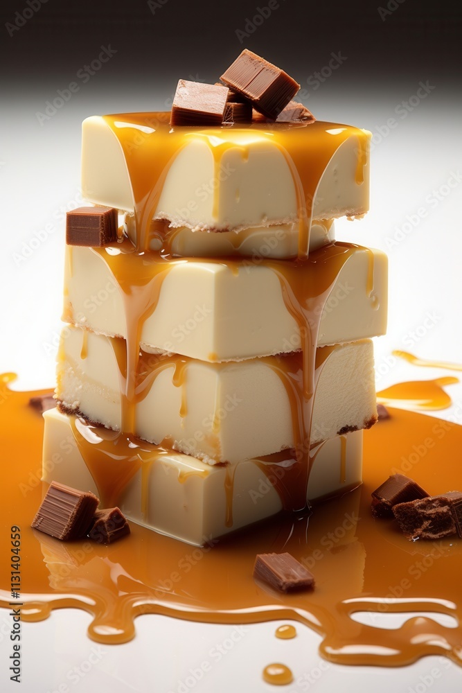 Poster creamy dessert stacks with rich caramel drizzle and chocolate chunks on a dark background creating a