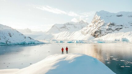 Arctic Explorers on Snowy Peak Overlooking Fjord