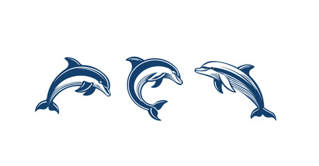 Naklejka premium Vector illustration of a set of cartoon dolphins jumping on a white background 