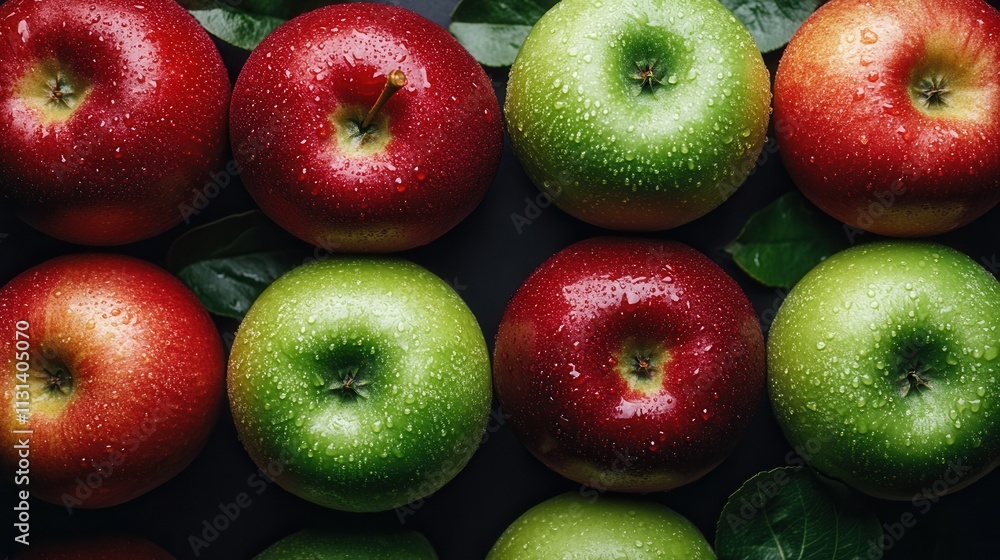 Poster fresh apples arranged in an artistic display with droplets of water on their surfaces highlighting t