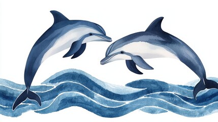 Fototapeta premium Watercolor texture and vibrancy, Two playful dolphins swim joyfully above stylized waves, showcasing a serene aquatic scene in soft blue tones.