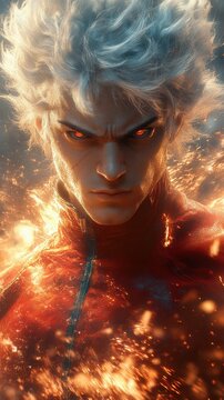 A fierce character with white hair and glowing eyes, surrounded by fiery effects.