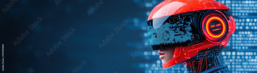 Poster futuristic robot with digital interface and glowing visor, showcasing advanced technology and innova