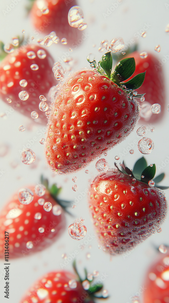 Poster fresh strawberries submerged in bubbles, creating a vibrant and refreshing moment in a close-up view