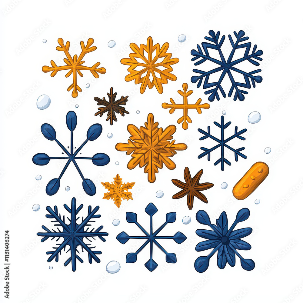 Poster colorful snowflakes in various shapes and sizes, creating winter theme