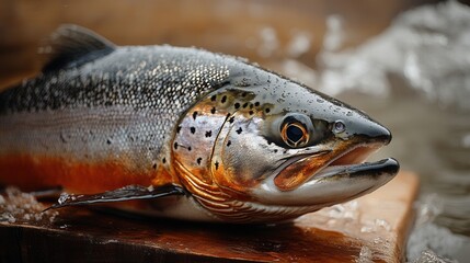 Obraz premium Freshly caught trout resting on wooden board with water droplets glistening under soft light in a serene fishing environment