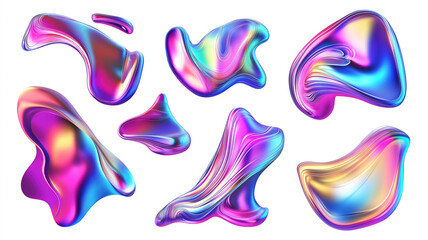 Bold holographic liquid metal shapes set isolated. Iridescent wavy melted substance. Ai generated