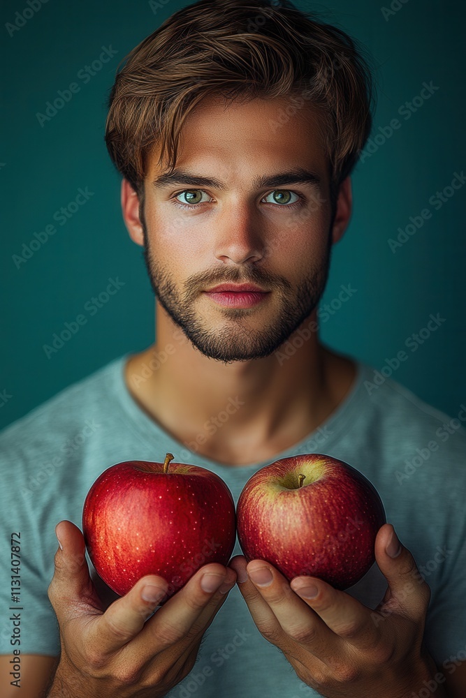 Poster young man holding two red apples in front of a teal background displaying confidence and focus durin