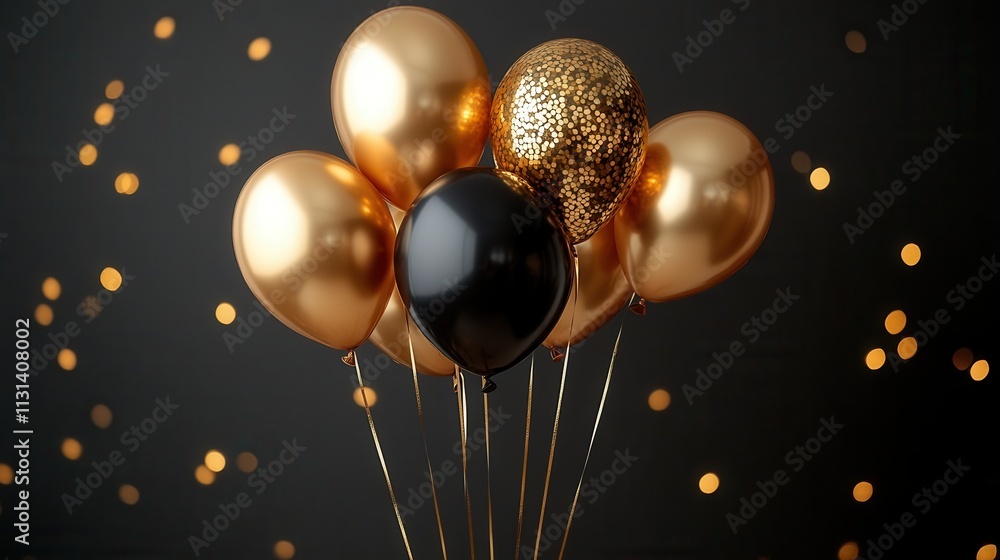 Poster elegant gold and black balloons arranged against a sparkling backdrop create a festive atmosphere fo