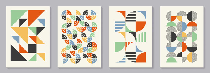 Retro set of geometric vector trendy bauhaus pattern backgrounds set. Colorful vintage posters with 20s geometric design for cover design, poster and interior.