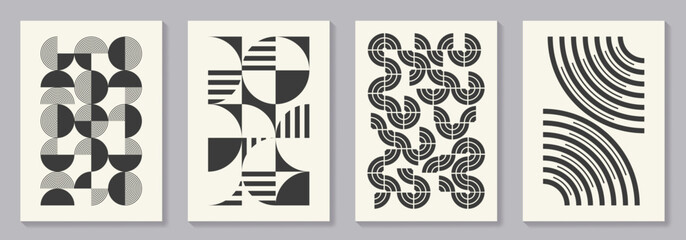 Retro set of black and white geometric vector pattern minimal posters with 20s geometric design. Trendy bauhaus pattern background for cover design, poster and interior.