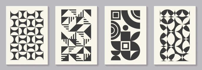Retro set of black and white geometric vector pattern minimal posters with 20s geometric design. Trendy bauhaus pattern background for cover design, poster and interior.
