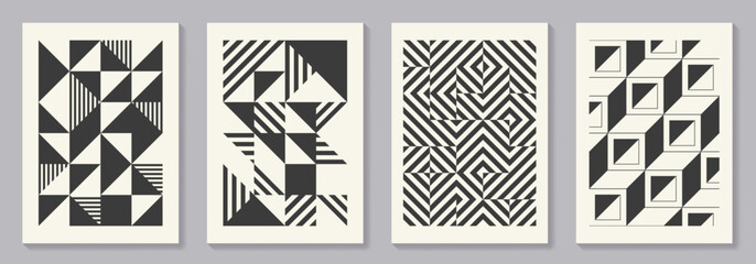 Retro set of black and white geometric vector pattern minimal posters with 20s geometric design. Trendy bauhaus pattern background for cover design, poster and interior.