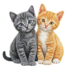Cute gray and orange kittens sitting together, showcasing their playful nature and adorable expressions isolated on transparent background