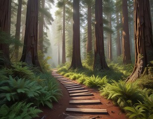 A narrow, winding path weaves through the underbrush of a redwood forest , lush, forest