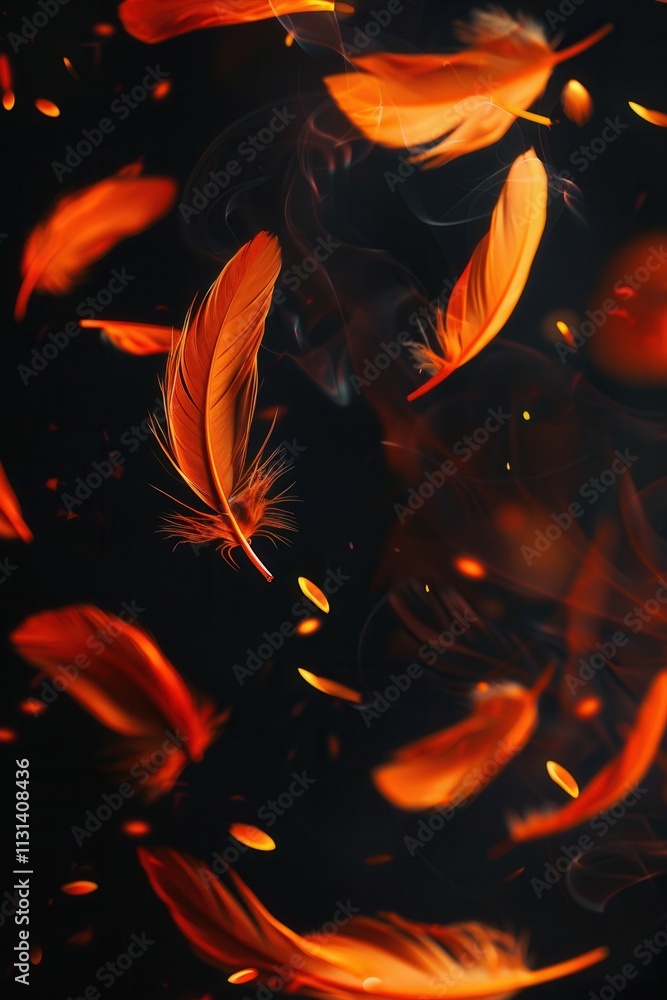 Poster floating orange feathers swirl amidst a dark background, creating a captivating visual effect that e