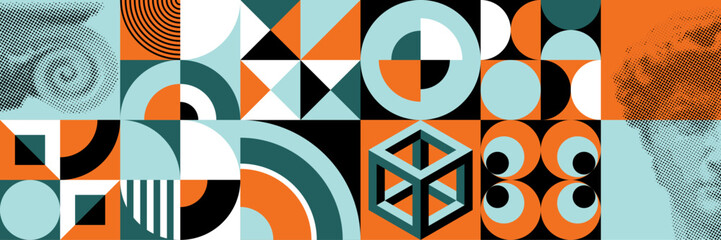 Colorful artwork of vector abstract symbols with minimal geometric shapes and halftone illustration for cover design, web background, poster, catalog. Modern vector background.