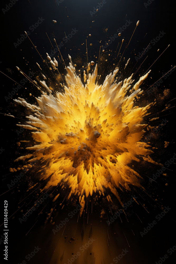 Poster bright explosion radiating energy with golden particles in a dark environment captures a moment of d