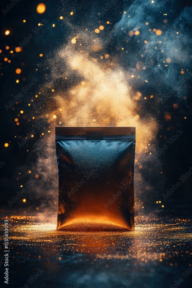 Poster dynamic energy display with mysterious powder in a colorful atmosphere