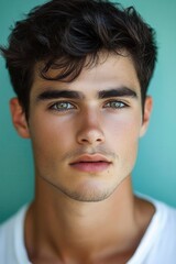 Naklejka premium Young man with tousled dark hair and striking blue eyes poses against a turquoise background, highlighting youthful charm and confidence in a natural setting