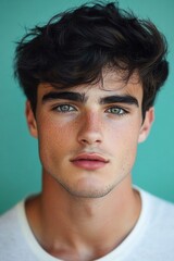 Fototapeta premium Young man with striking features and intense gaze in a bright teal background, showcasing natural beauty and youth in a casual setting, expressing a contemplative mood