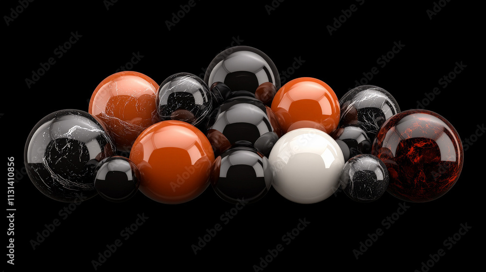 Poster abstract sphere collection: a captivating cluster of spheres, each with a unique marbleized texture,