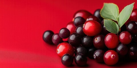 Fresh cranberries and blueberries arranged on a vibrant red surface surrounded by green leaves highlighting their natural colors and textures in a summer setting