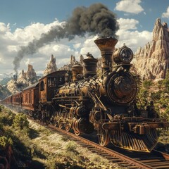 Fototapeta premium Vintage Steam Train Journey Through Rugged Mountains