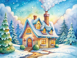 Charming watercolor illustration of a cozy cartoon house nestled in a snowy landscape, featuring a whimsical pipe, perfect for seasonal decor and winter-themed poster design.