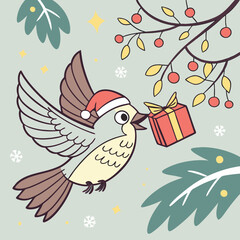 Obraz premium A festive digital illustration of a Christmas bird flying joyfully while carrying a gift box, perfect for holiday designs and seasonal projects.