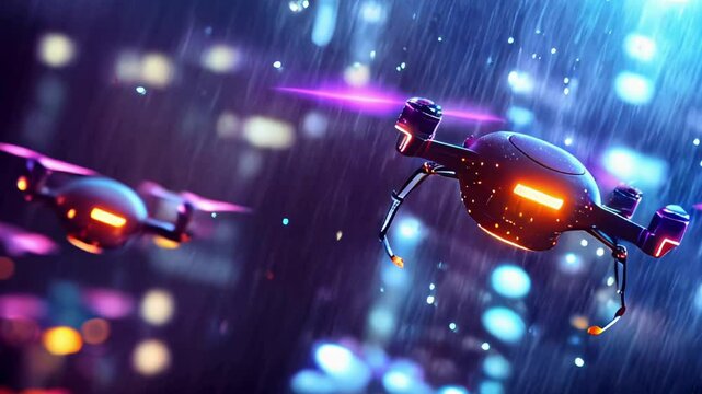 Futuristic drones flying in rainy cityscape with colorful lights.