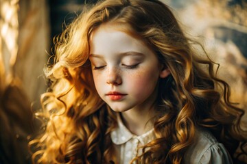 Fototapeta premium Portrait of a beautiful little red-haired girl with long wavy hair and a thoughtful look. The hair develops and creates a feeling of lightness and naturalness.