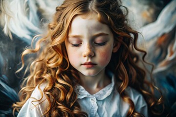 Fototapeta premium Portrait of a beautiful little red-haired girl with long wavy hair and a thoughtful look. The hair develops and creates a feeling of lightness and naturalness.